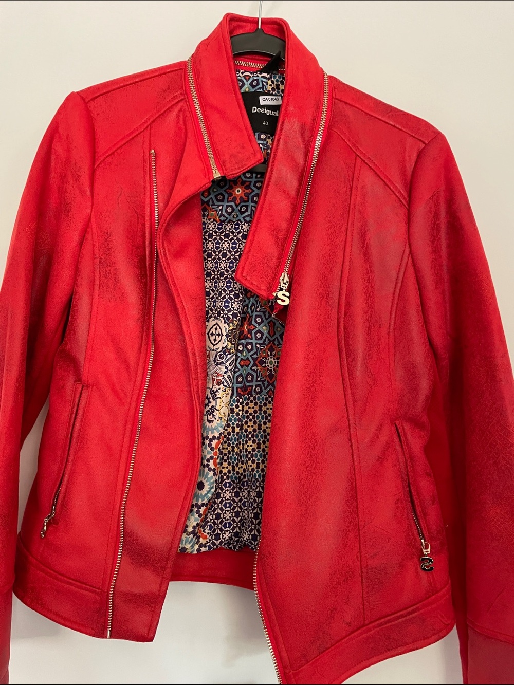 Desigual Red Faux Leather asymmetrical zippered Embroidered jacket EU 40 NWT